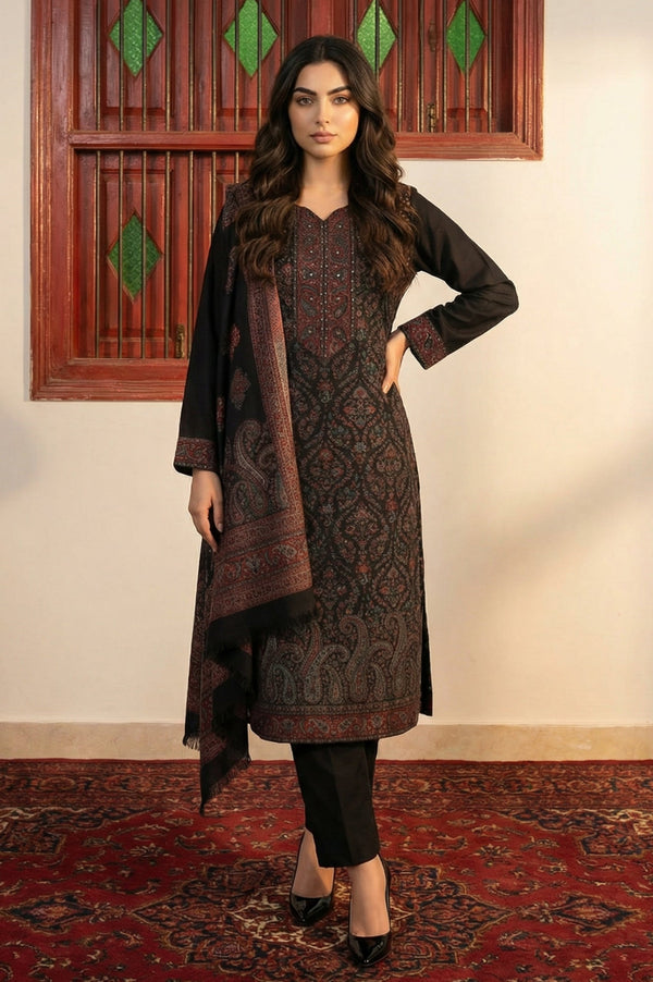 Black Paisley Yarn Dyed Winter Straight Kurta with Pants and Dupatta Set