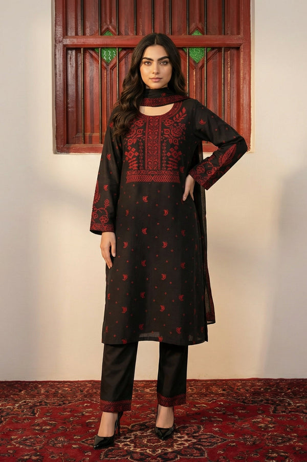 Black Floral Printed Jacquard Straight Kurta with Pants and Dupatta Set