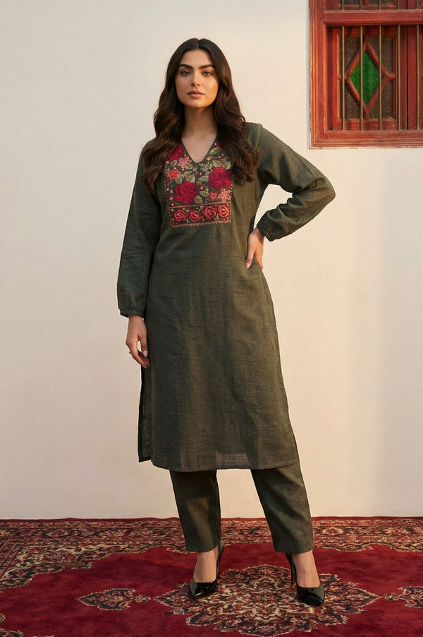 Olive Thread Embroidered Straight Winter Kurta with Pants and Dupatta Set
