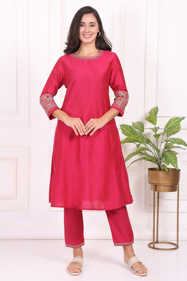 Pink Solid Embroidered Straight Kurta and Straight Pants Set