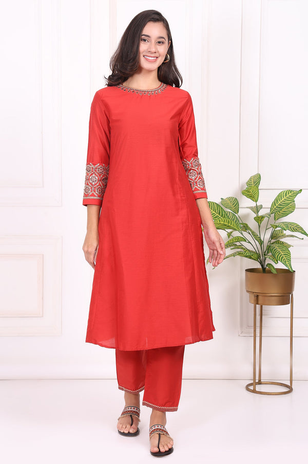 Red Solid Embroidered Straight Kurta and Straight Pants Set