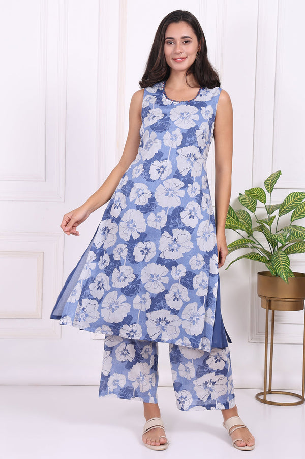 Blue Floral Printed Pure Cotton Straight Kurta and Flared Pants Co-ord Set