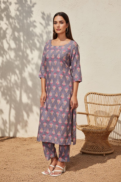 Purple Floral Printed Straight Cotton Kurta with Pant and Dupatta Set