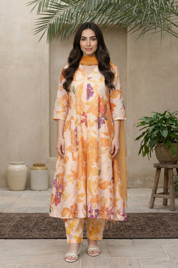Peach Floral Printed A-Line Kurta with Straight Pant and Dupatta Set