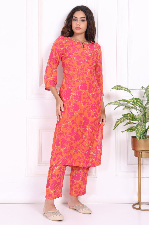 Orange Floral Printed Sequined Straight Modal Kurta with Straight Pant Set