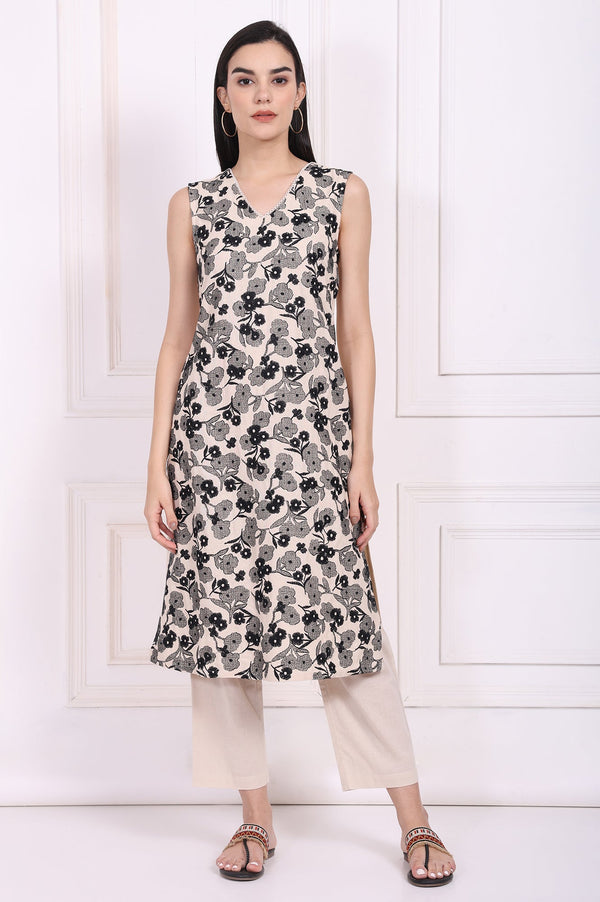 Beige Embroidered A-Line Rayon Kurta with Straight Pant