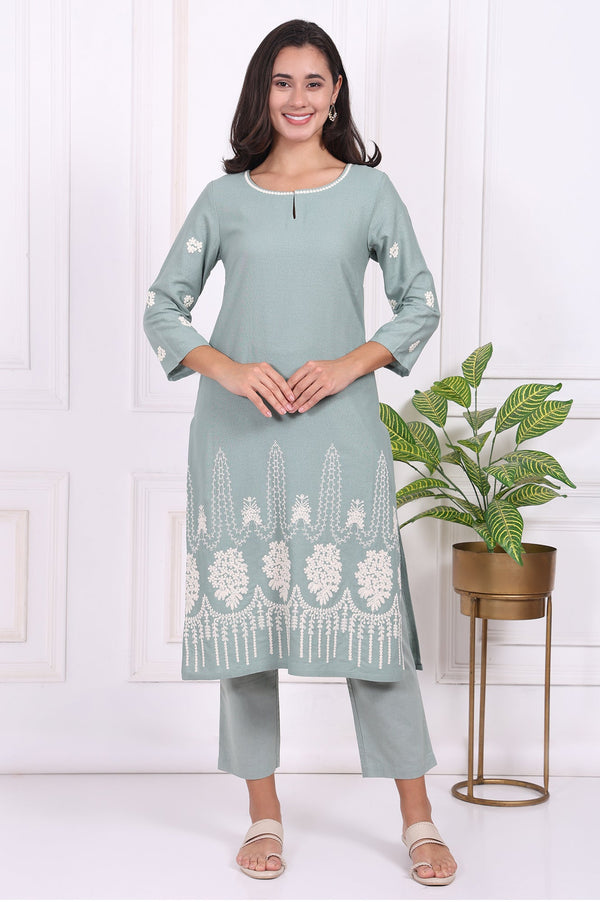 Light Green Embroidered Rayon Straight Kurta and Straight Pants Co-ord Set