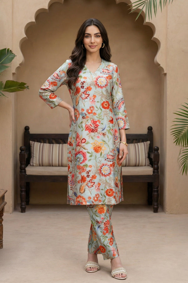 Light Blue Floral Printed Straight Kurta with Pants Set