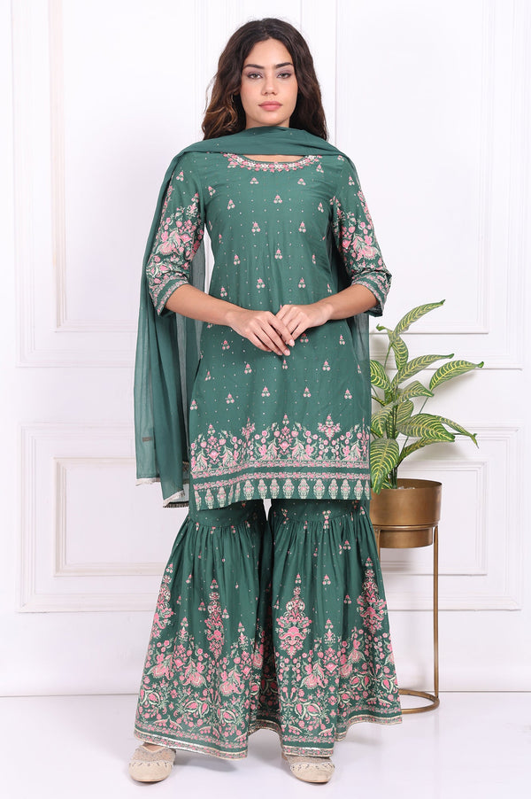 Green Floral Printed Embroidered Straight Cotton Kurta with Sharara and Dupatta Set