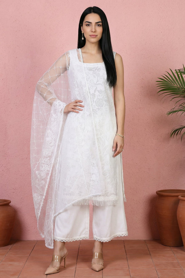 White Lace Floral Printed Straight Kurta With Parallel Pants And Brasso Dupatta Set