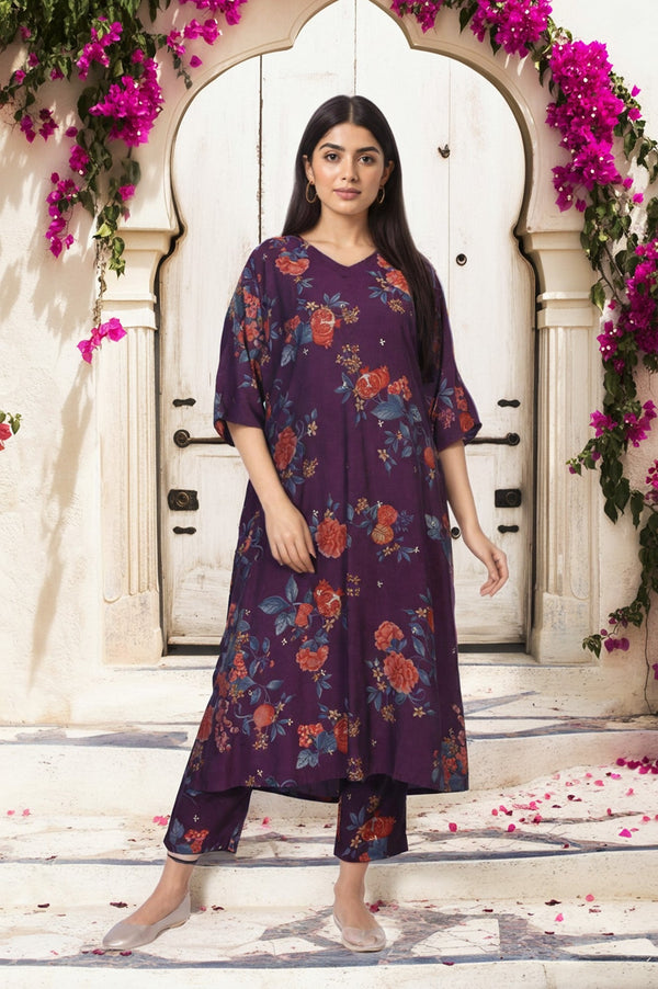 Purple Floral Printed A-line Rayon Kurta with Pant Set