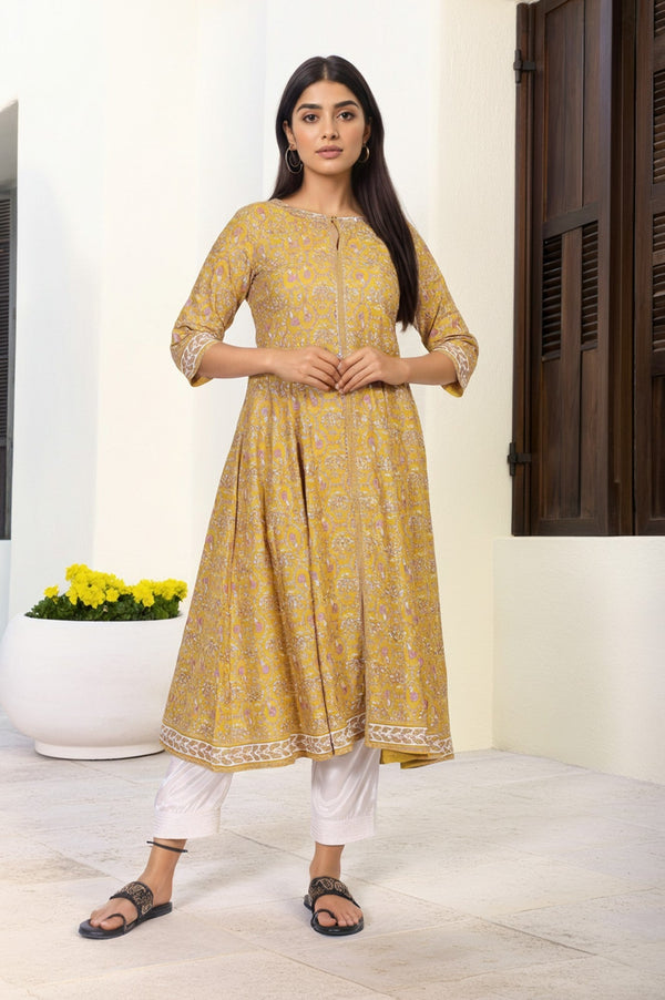 Mustard Floral Printed Rayon A-Line Kurta with Straight Pant