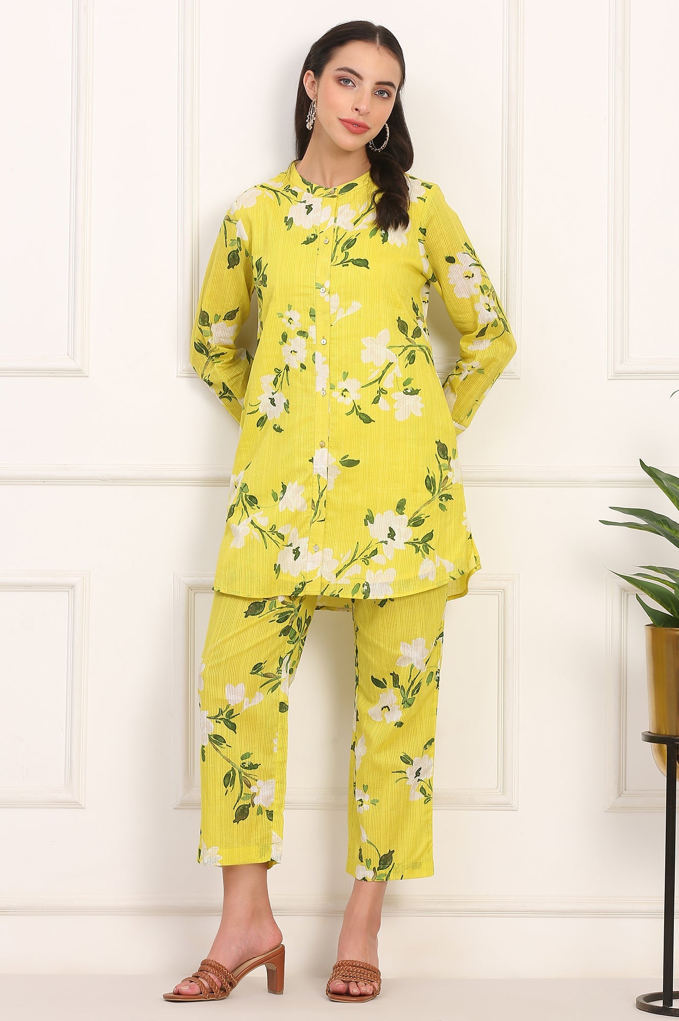 Yellow Floral Printed Straight Cotton Stripe Tunic and Pants Co-ord Set