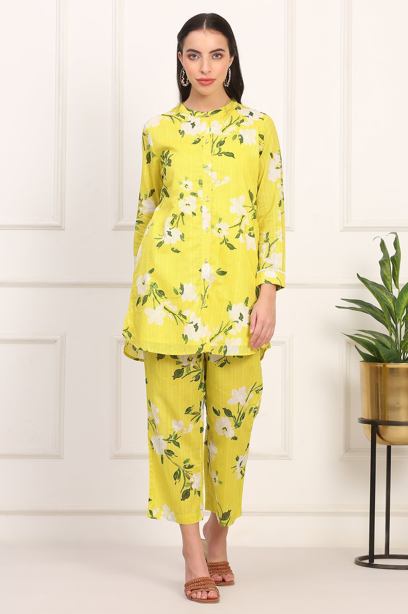 Yellow Floral Printed Straight Cotton Stripe Tunic and Pants Co-ord Set