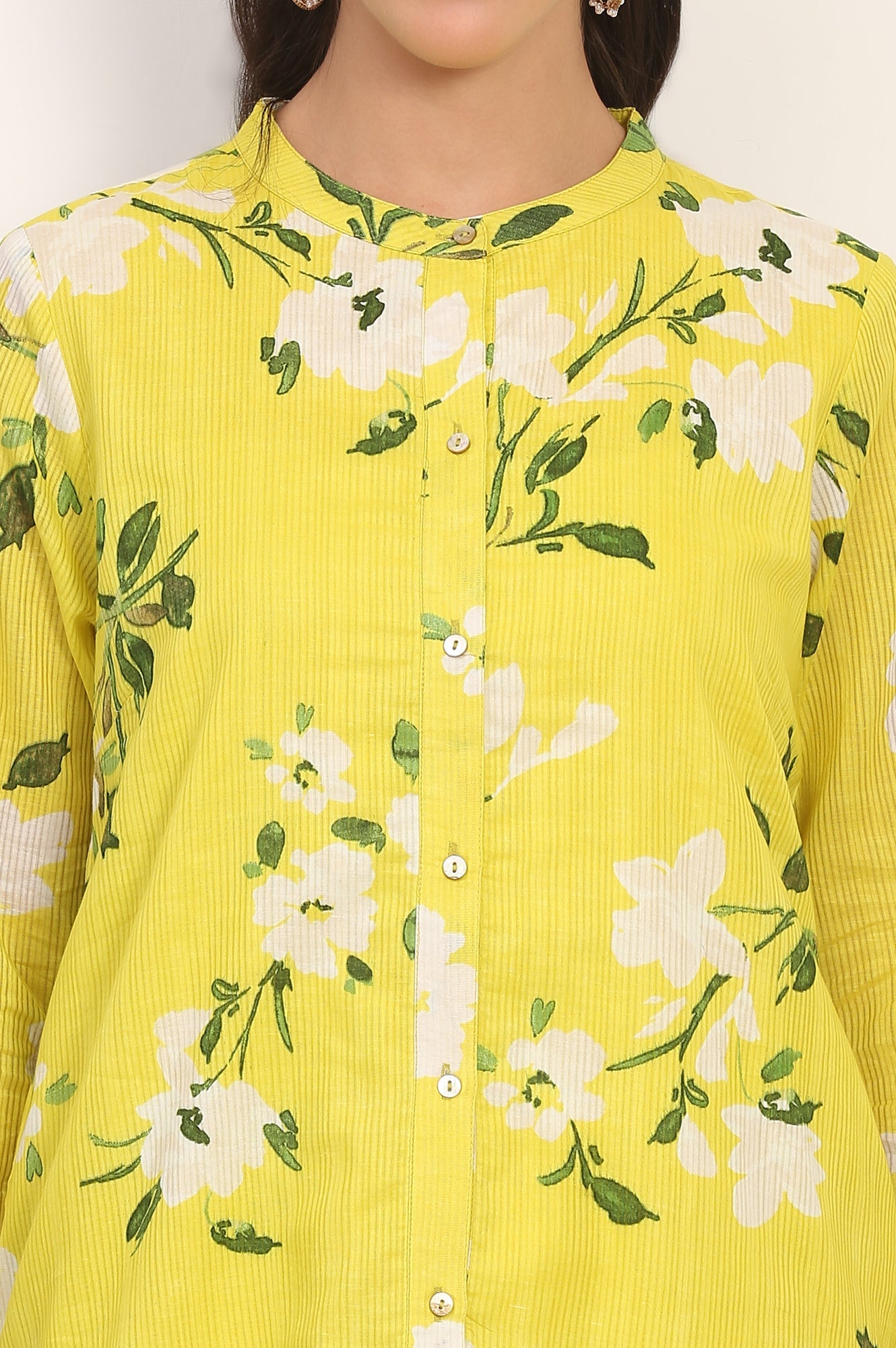 Yellow Floral Printed Straight Cotton Stripe Tunic and Pants Co-ord Set