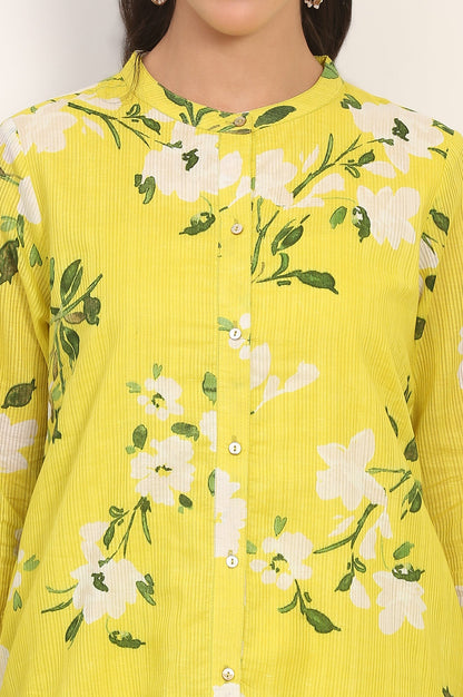 Yellow Floral Printed Straight Cotton Stripe Tunic and Pants Co-ord Set