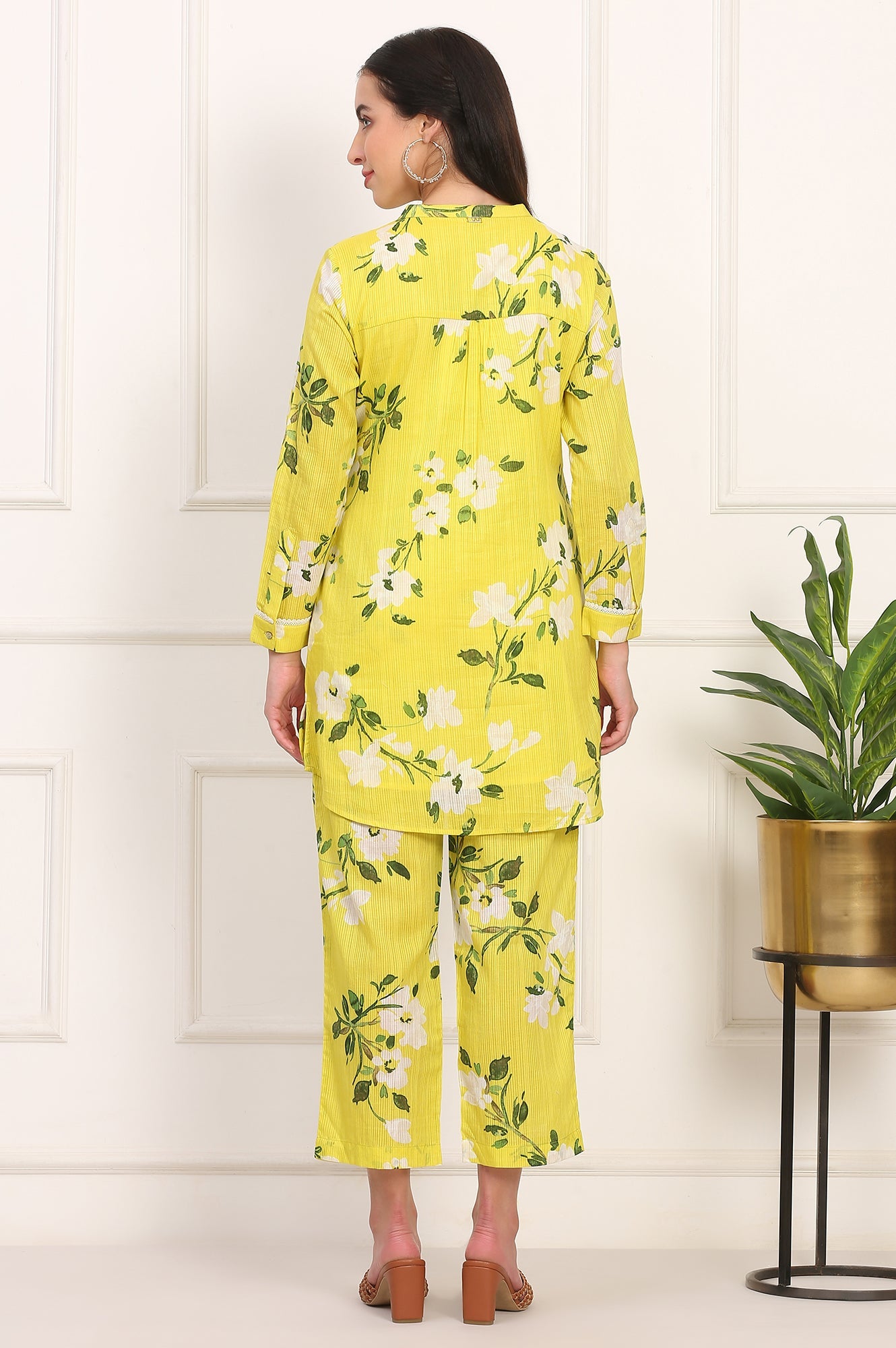 Yellow Floral Printed Straight Cotton Stripe Tunic and Pants Co-ord Set