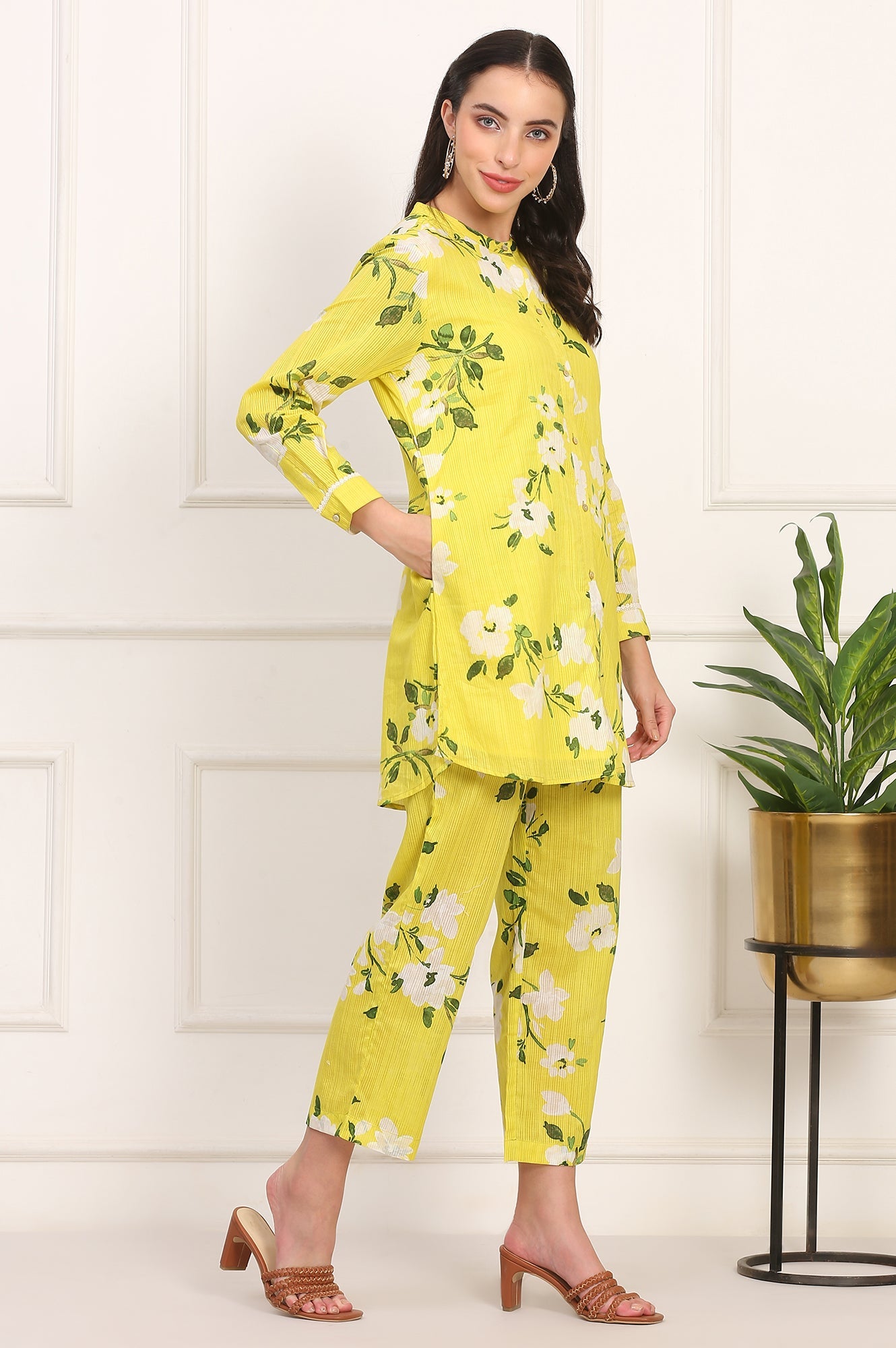 Yellow Floral Printed Straight Cotton Stripe Tunic and Pants Co-ord Set