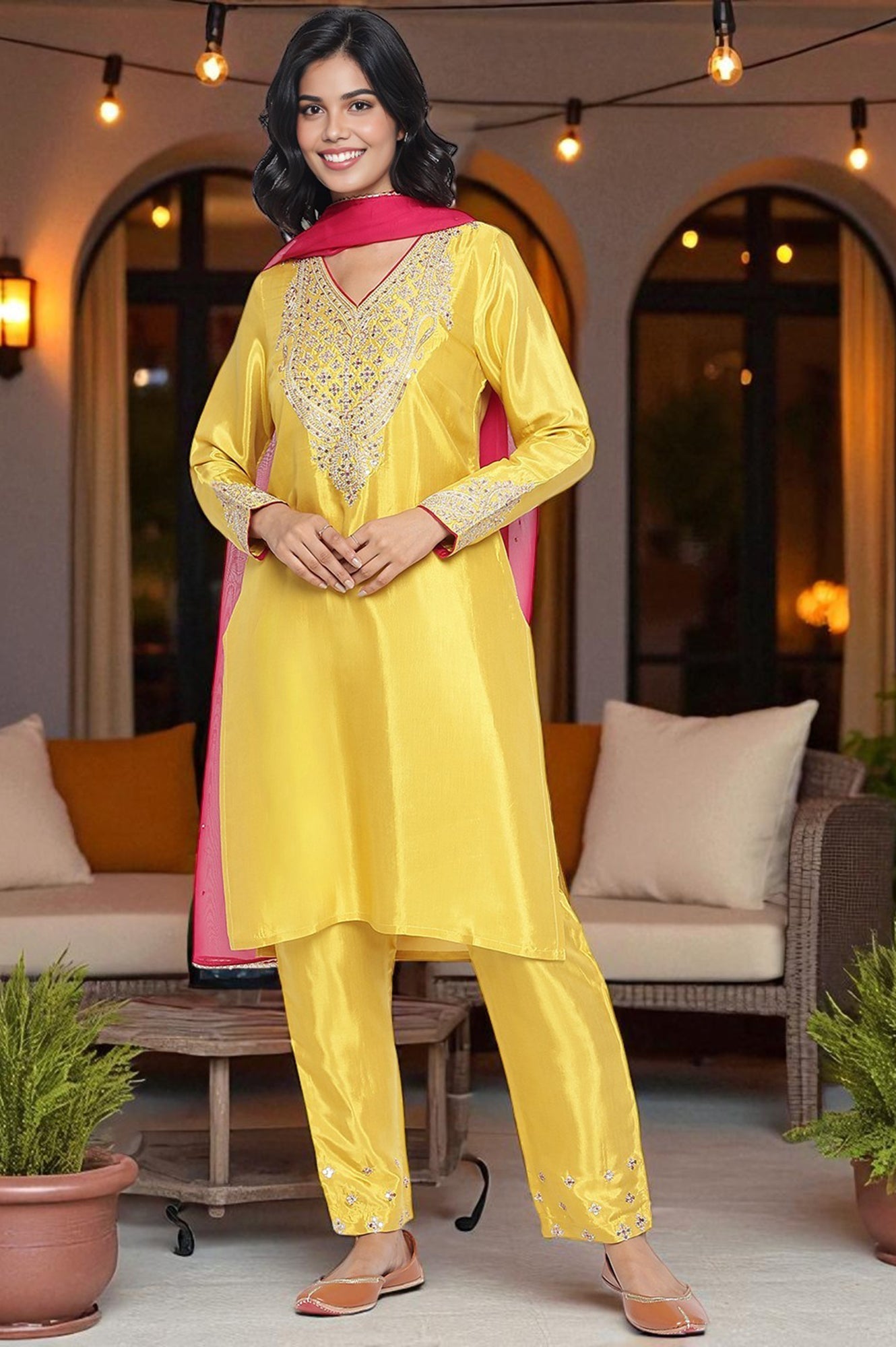 Yellow Solid Printed Shantung Straight Kurta, Straight Pant and Dupatta Set