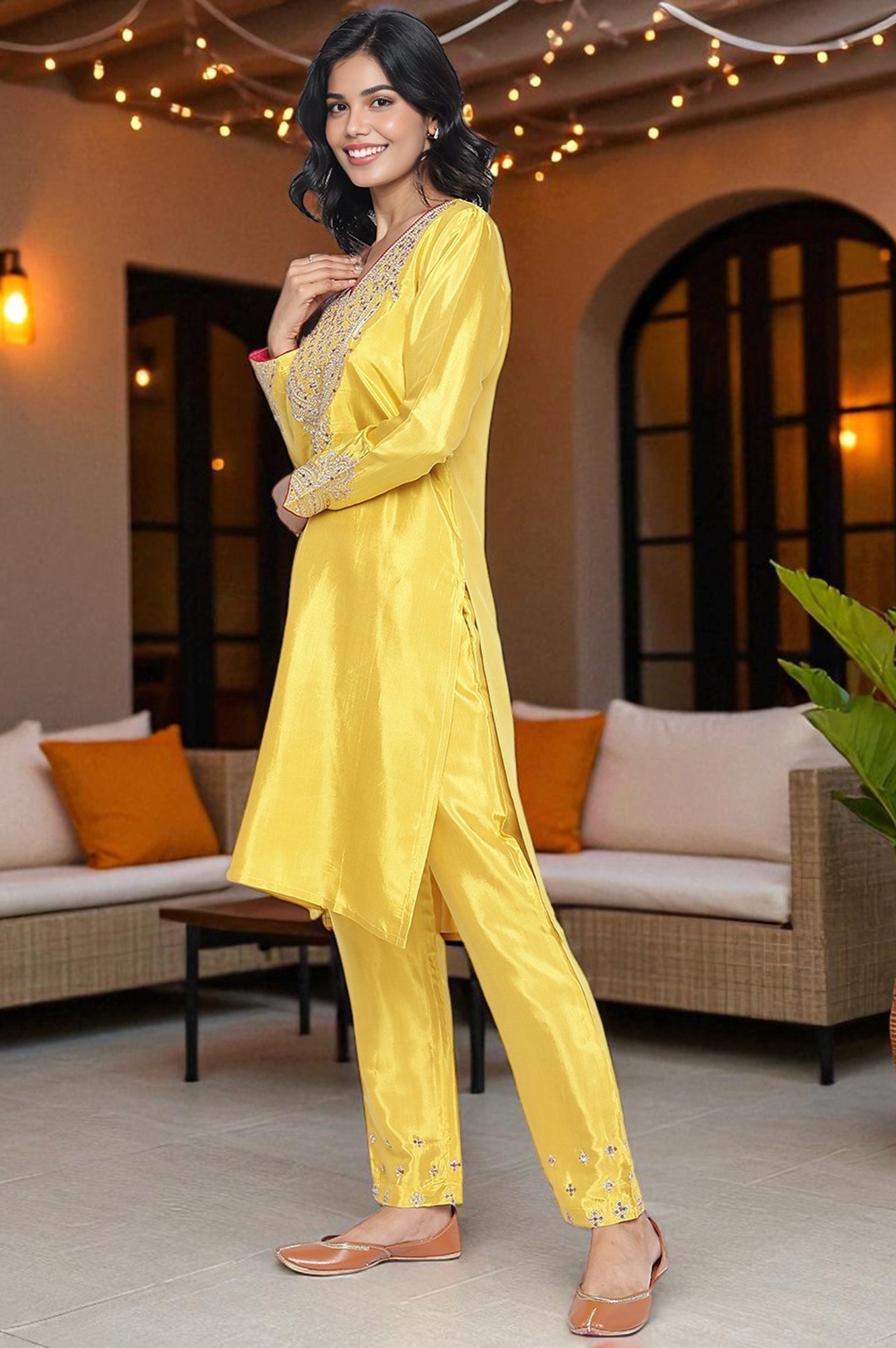 Yellow Solid Printed Shantung Straight Kurta, Straight Pant and Dupatta Set