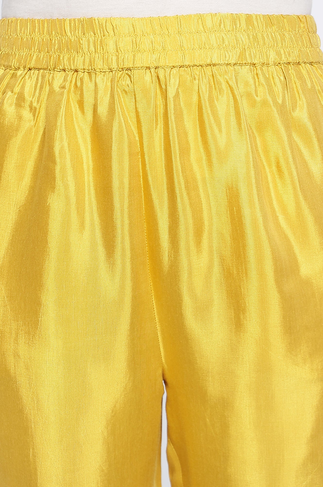 Yellow Solid Printed Shantung Straight Kurta, Straight Pant and Dupatta Set