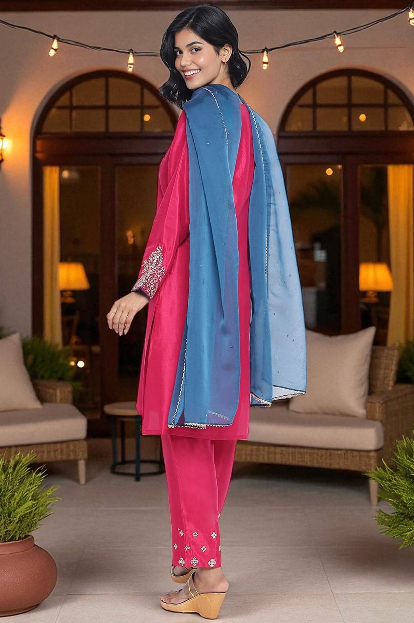 Fuschia Solid Printed Shantung Straight Kurta, Straight Pant and Dupatta Set