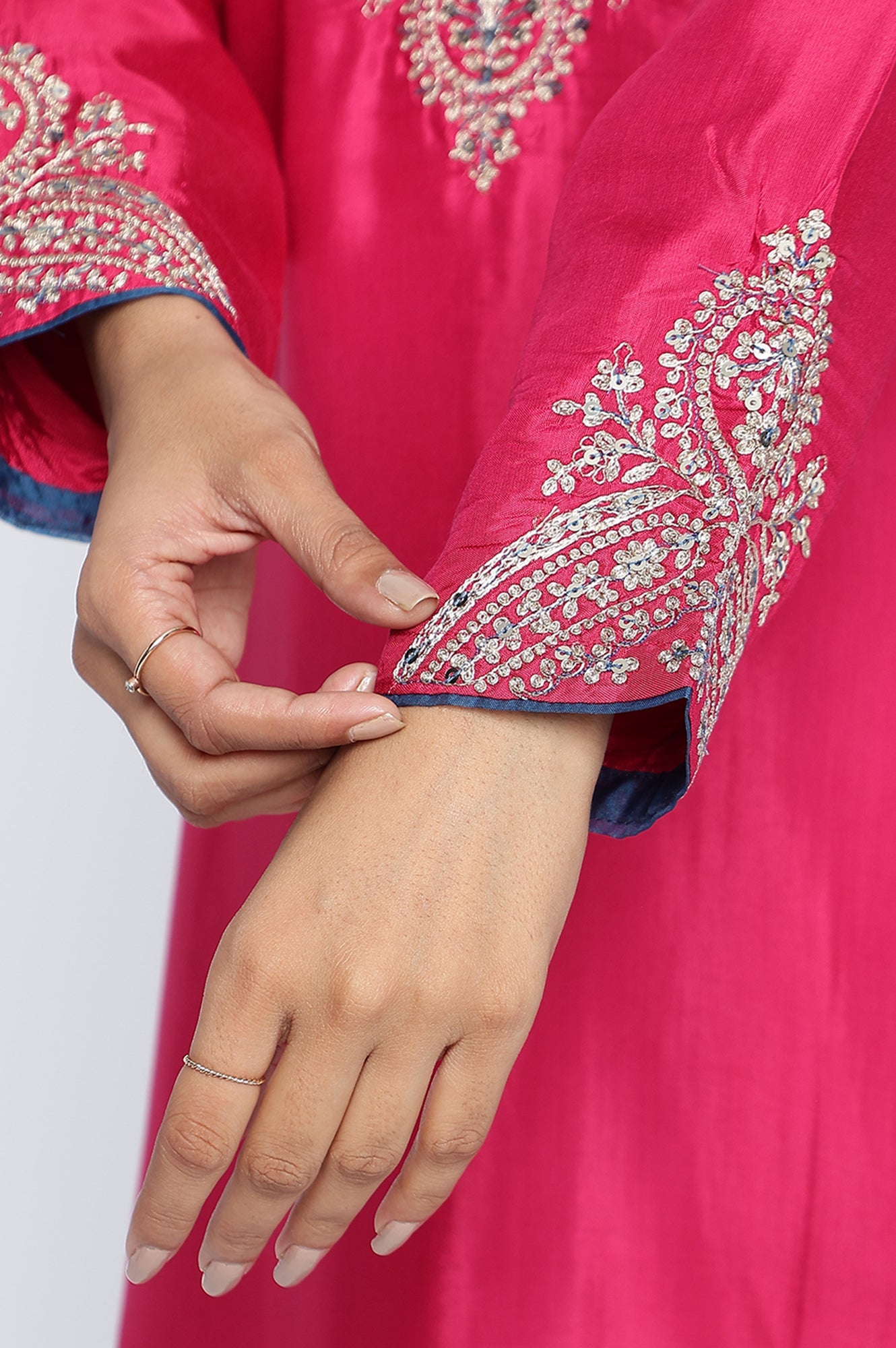 Fuschia Solid Printed Shantung Straight Kurta, Straight Pant and Dupatta Set