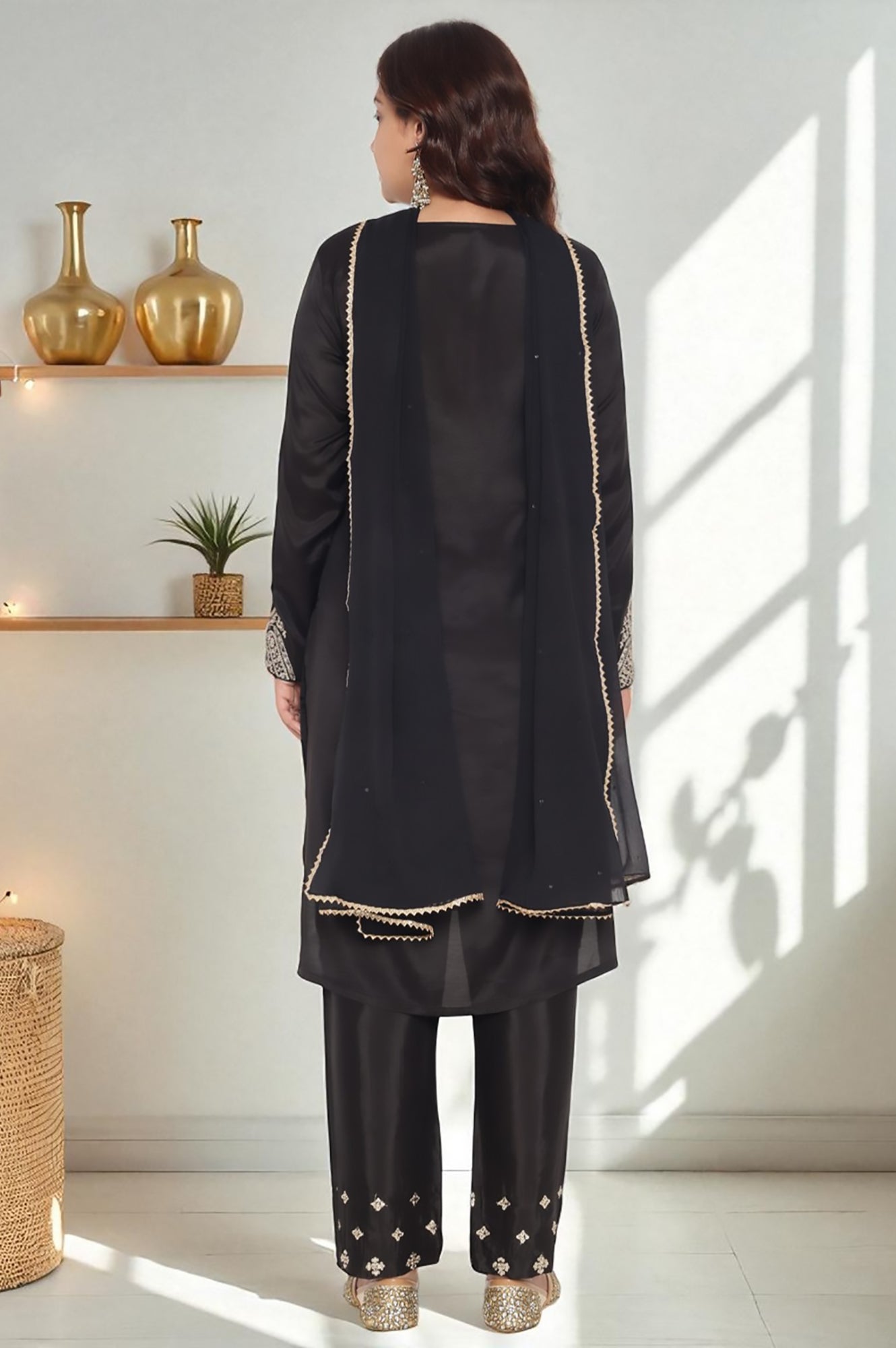 Black Solid Printed Shantung Straight Kurta, Straight Pant and Dupatta Set