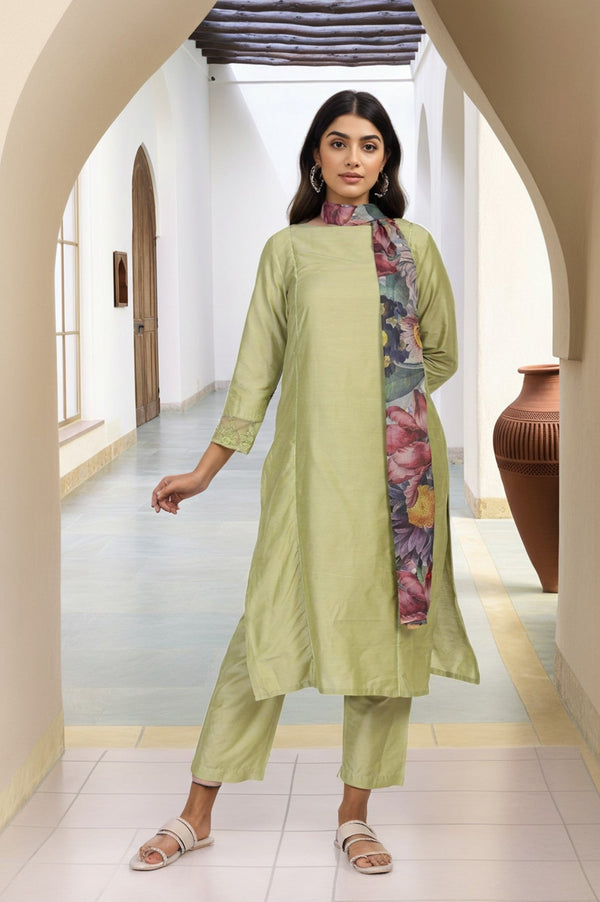 Light Green Solid Lace Trim Straight Kurta with Straight Pant and Dupatta Set