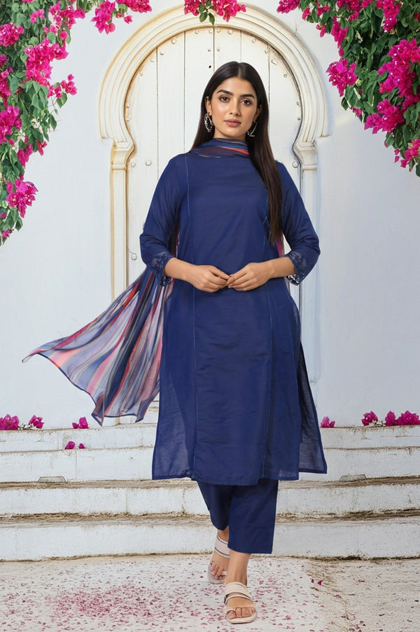 Navy Blue Solid Lace Trim Straight Kurta with Straight Pant and Dupatta Set