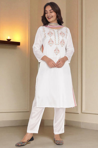 Ecru Solid Printed Shantung Straight Kurta, Straight Pant and Dupatta Set