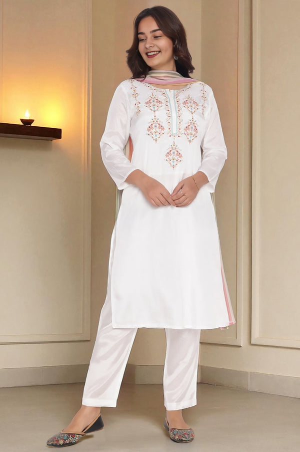 Ecru Solid Printed Shantung Straight Kurta, Straight Pant and Dupatta Set