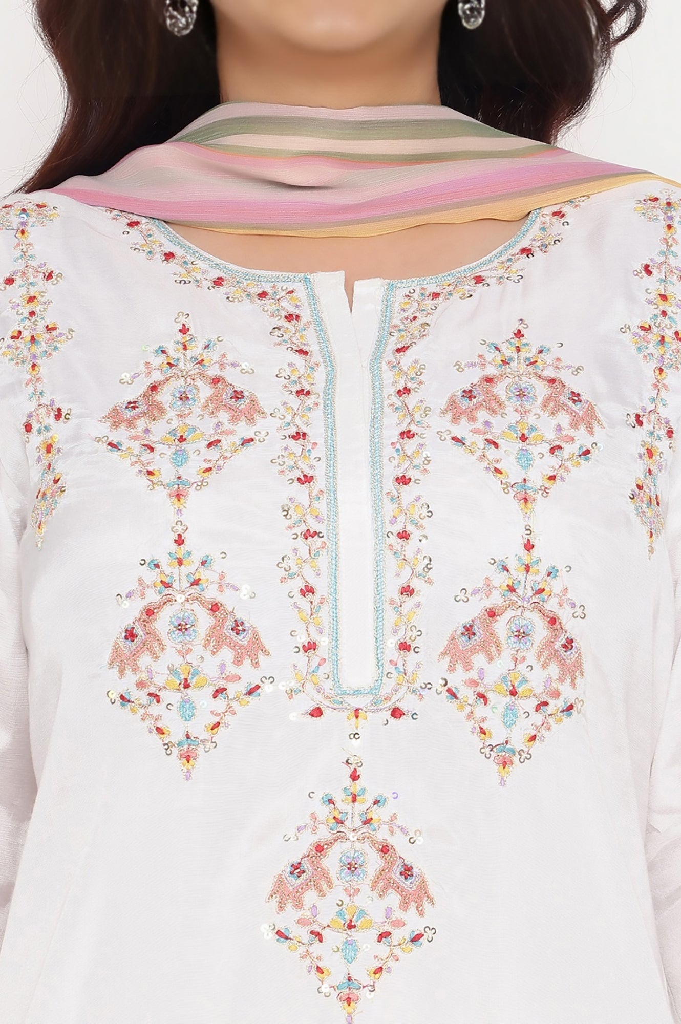 Ecru Solid Printed Shantung Straight Kurta, Straight Pant and Dupatta Set