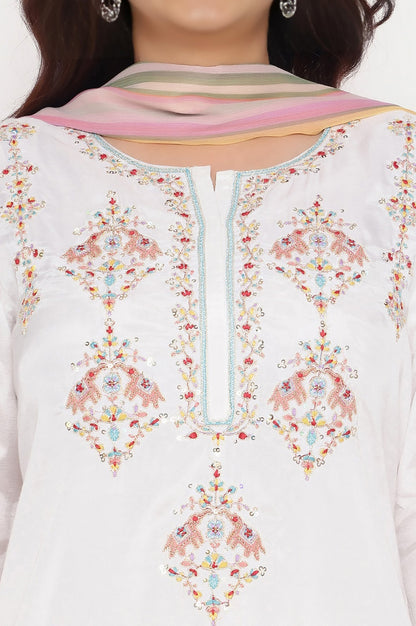 Ecru Solid Printed Shantung Straight Kurta, Straight Pant and Dupatta Set