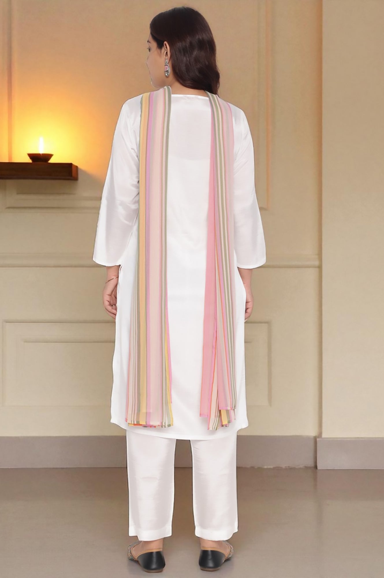 Ecru Solid Printed Shantung Straight Kurta, Straight Pant and Dupatta Set