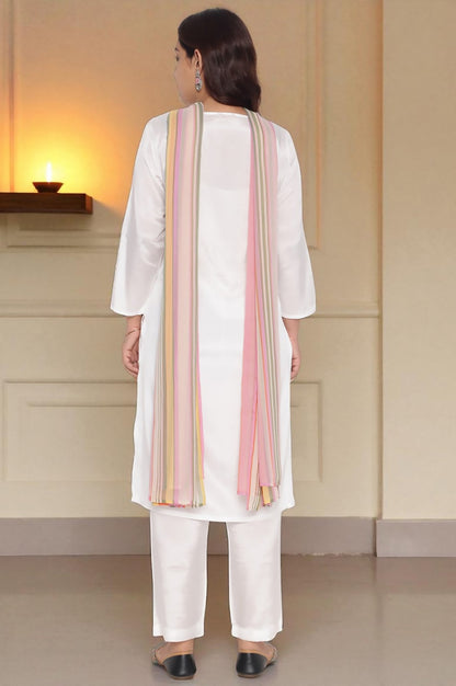Ecru Solid Printed Shantung Straight Kurta, Straight Pant and Dupatta Set