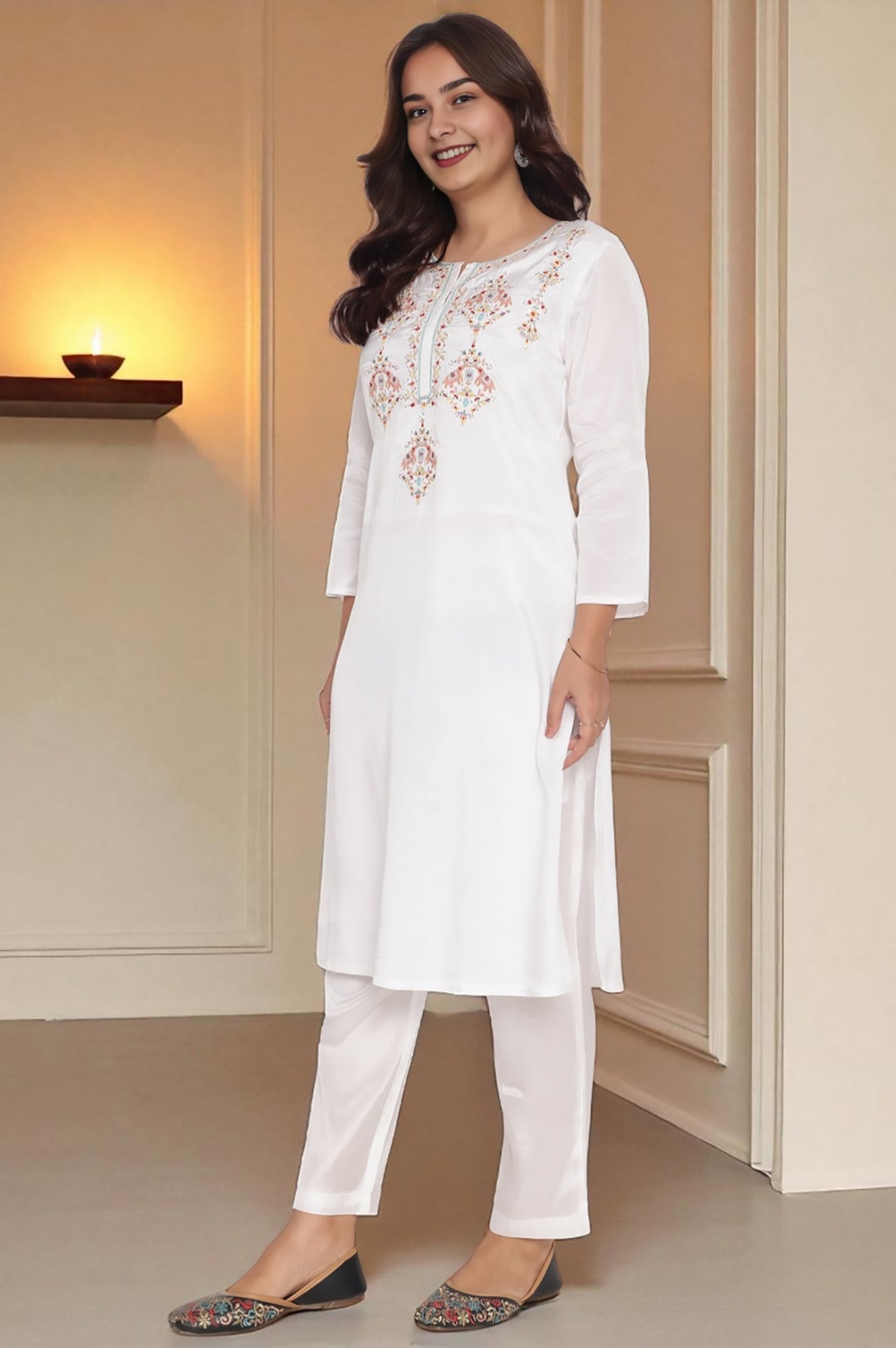 Ecru Solid Printed Shantung Straight Kurta, Straight Pant and Dupatta Set
