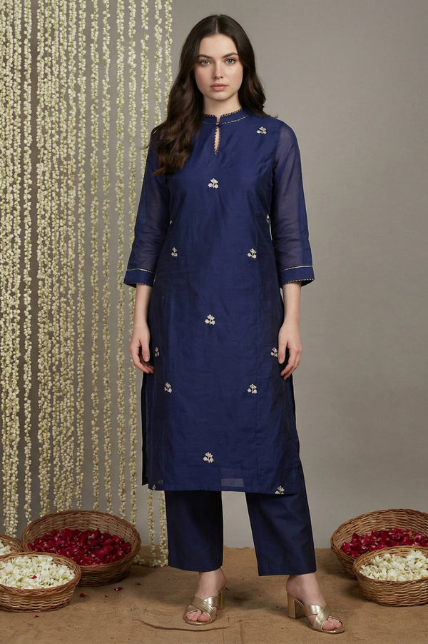 Navy Blue Zari Chanderi Straight Kurta with Straight Pant and Dupatta Set
