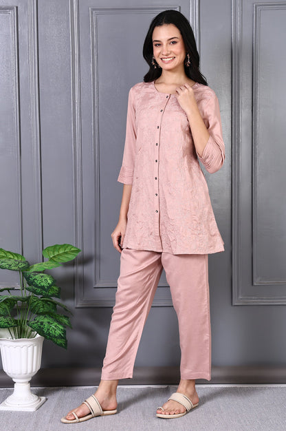 Pink Thread Embroidered Rayon Flax Straight Tunic and Pants Co-ord Set
