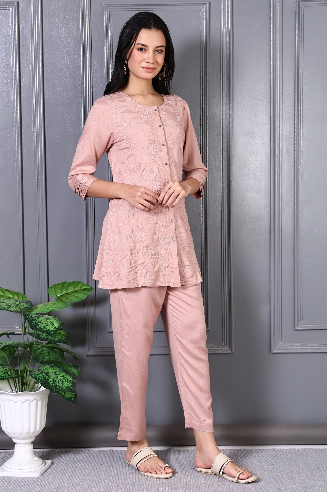 Pink Thread Embroidered Rayon Flax Straight Tunic and Pants Co-ord Set