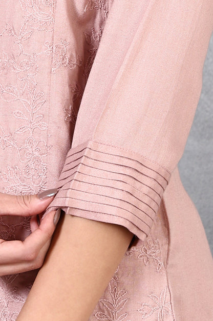 Pink Thread Embroidered Rayon Flax Straight Tunic and Pants Co-ord Set