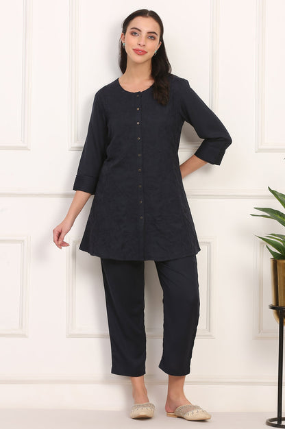 Blue Solid Embroidered Rayon Flax A-line Tunic and Straight Pants Co-ord Set