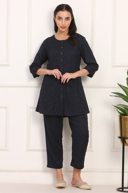 Blue Solid Embroidered Rayon Flax A-line Tunic and Straight Pants Co-ord Set