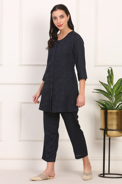 Blue Solid Embroidered Rayon Flax A-line Tunic and Straight Pants Co-ord Set