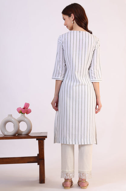 Off-White Yarn Dyed Embroidered Cotton Flax Straight Kurta