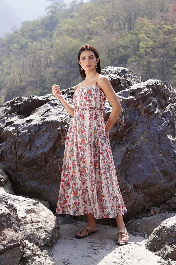 Off-White Vibrant Floral Printed Pure Cotton Flared Spaghetti Dress