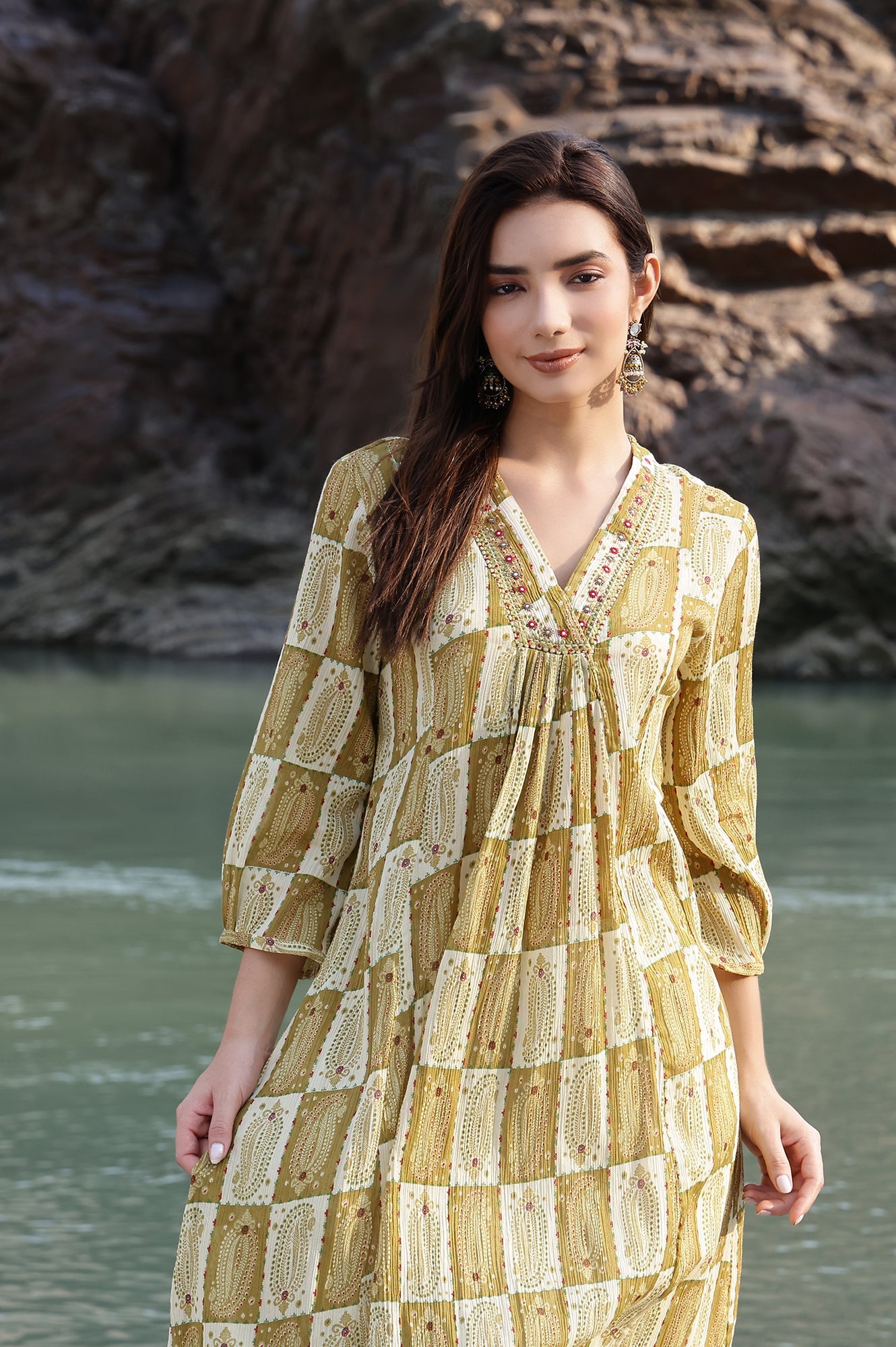 Green Paisley Printed Cotton Crepe Gathered Kurta with Mirror Embroidery