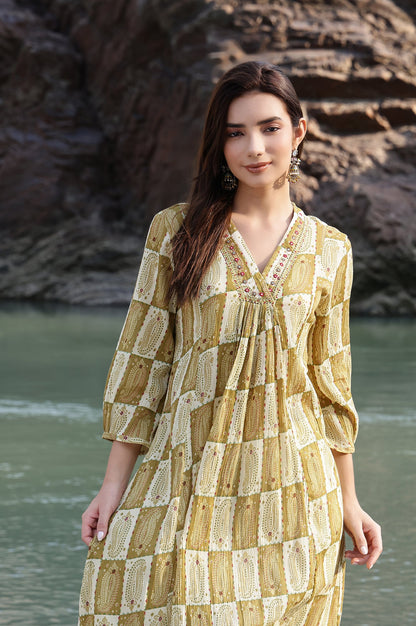 Green Paisley Printed Cotton Crepe Gathered Kurta with Mirror Embroidery