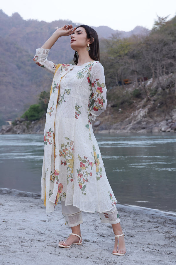 White Floral Printed Mock Layered Kota Flared Kurta and Pants Set with Dupatta