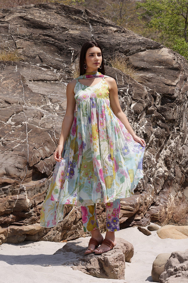 Light Blue Floral Printed Sleeveless Chiffon Kurta with Pants and Dupatta Set